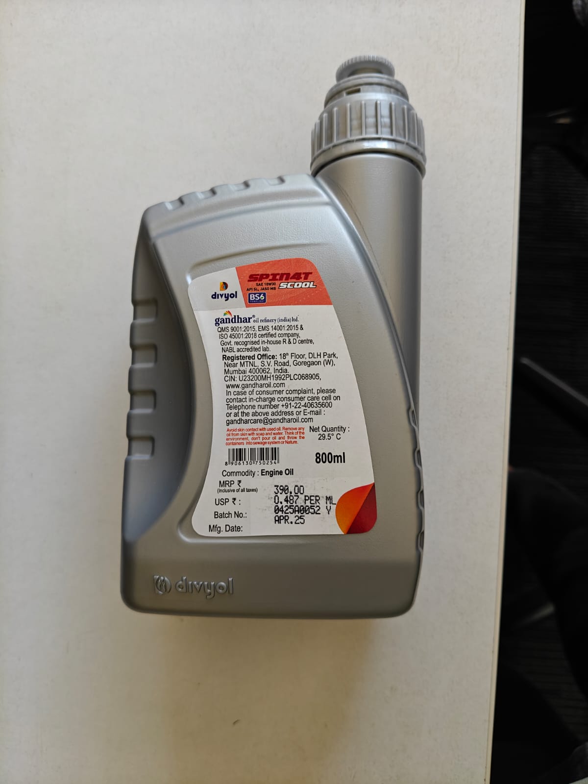 DIVYOL SPIN 4T SCOOL Engine Oil 10W30 - POC API SL 800ML